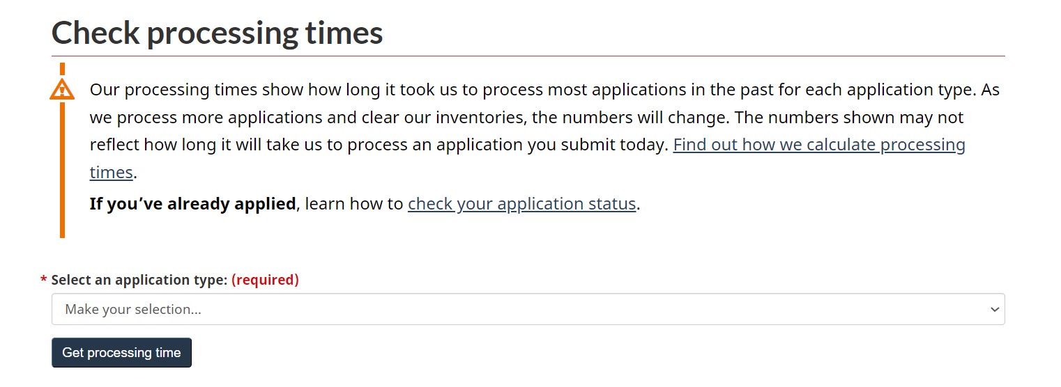 A screenshot of the IRCC processing times website